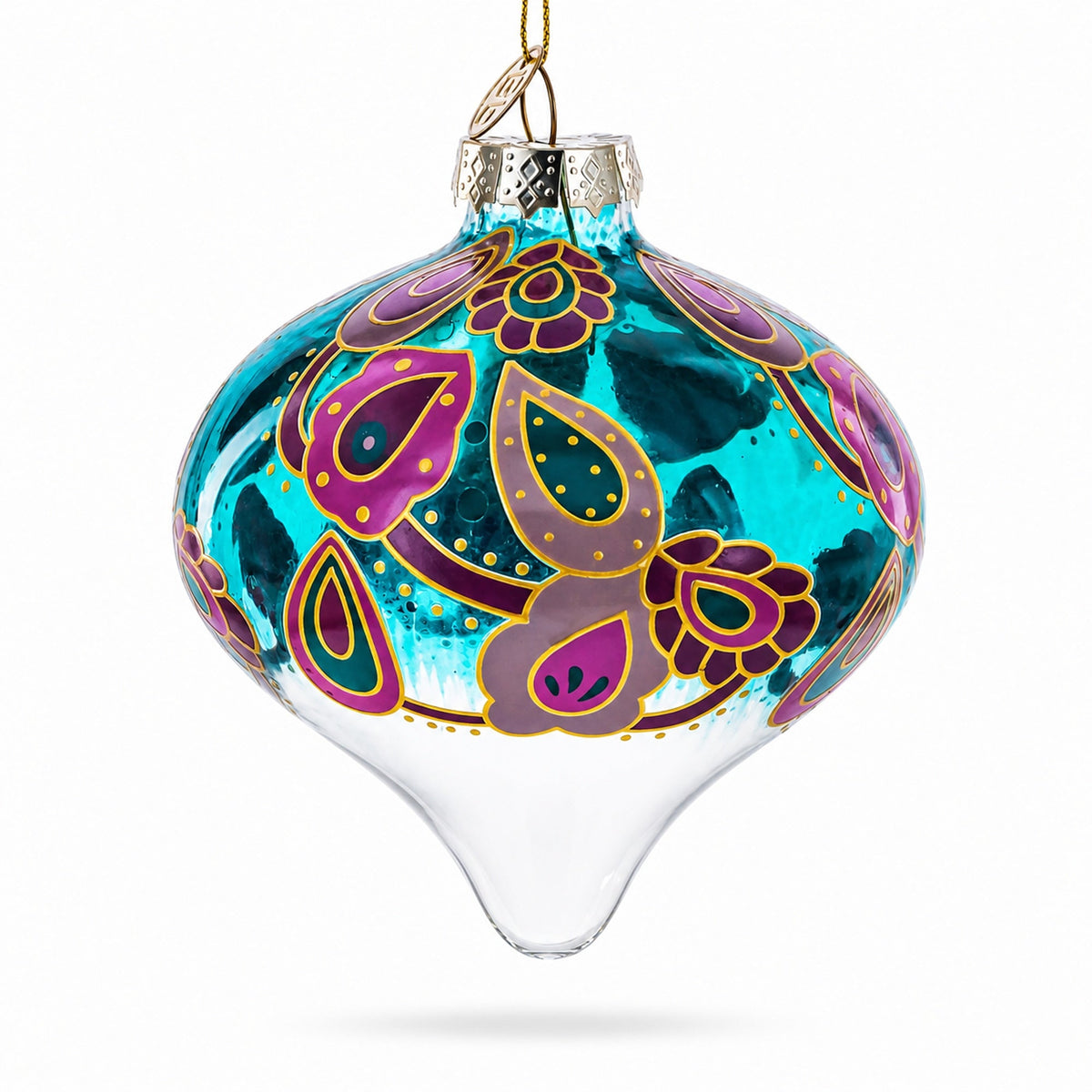 Teal Paisley Onion Shape Finial Glass Christmas Ornament