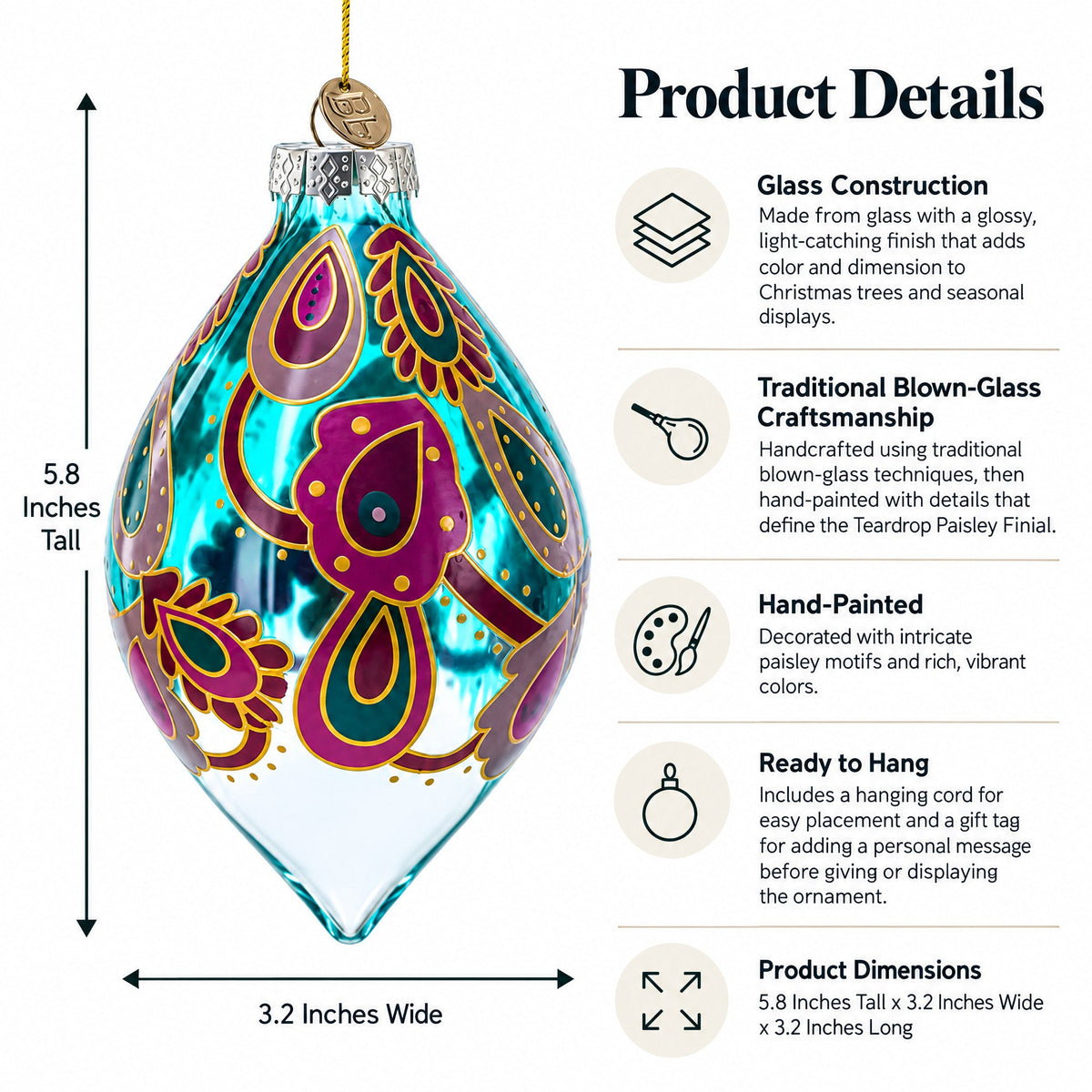 Teardrop Paisley Finial Glass Christmas Ornament