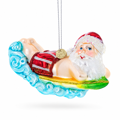Surfing Santa Glass Christmas Ornament