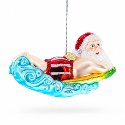 Surfing Santa Glass Christmas Ornament