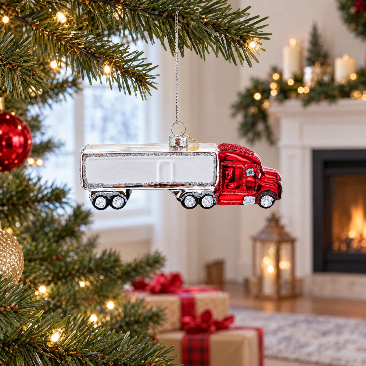 Red Semi Truck with Silver Trailer Glass Christmas Ornament