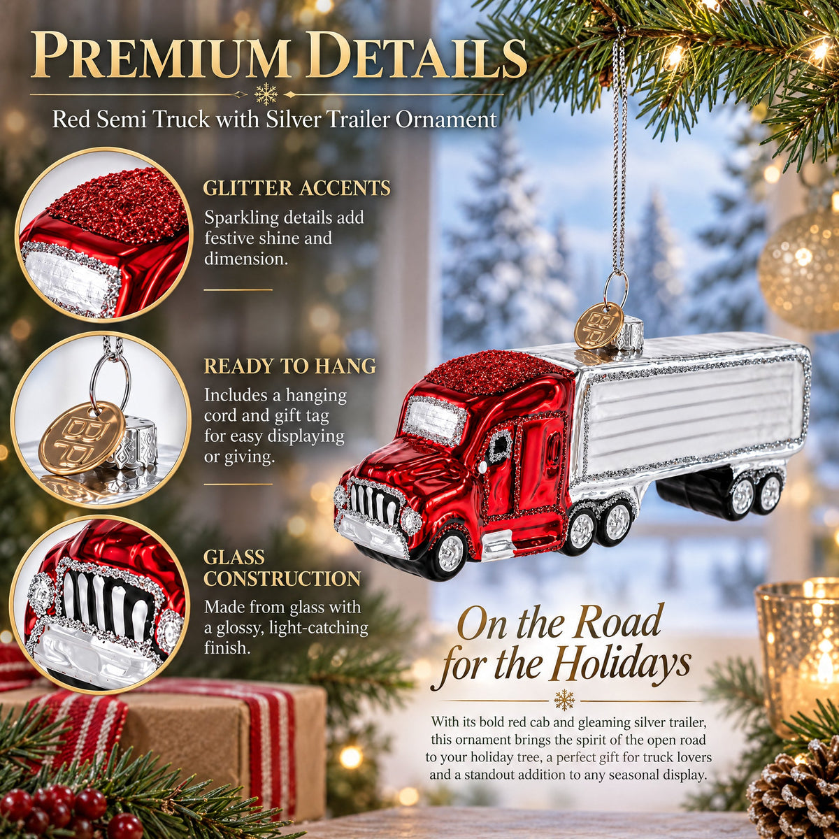 Red Semi Truck with Silver Trailer Glass Christmas Ornament