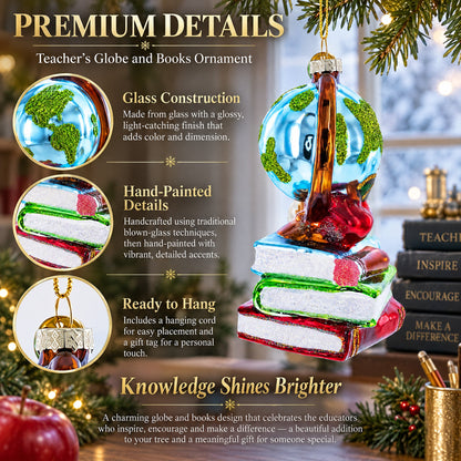 Teacher’s Globe and Books Glass Christmas Ornament