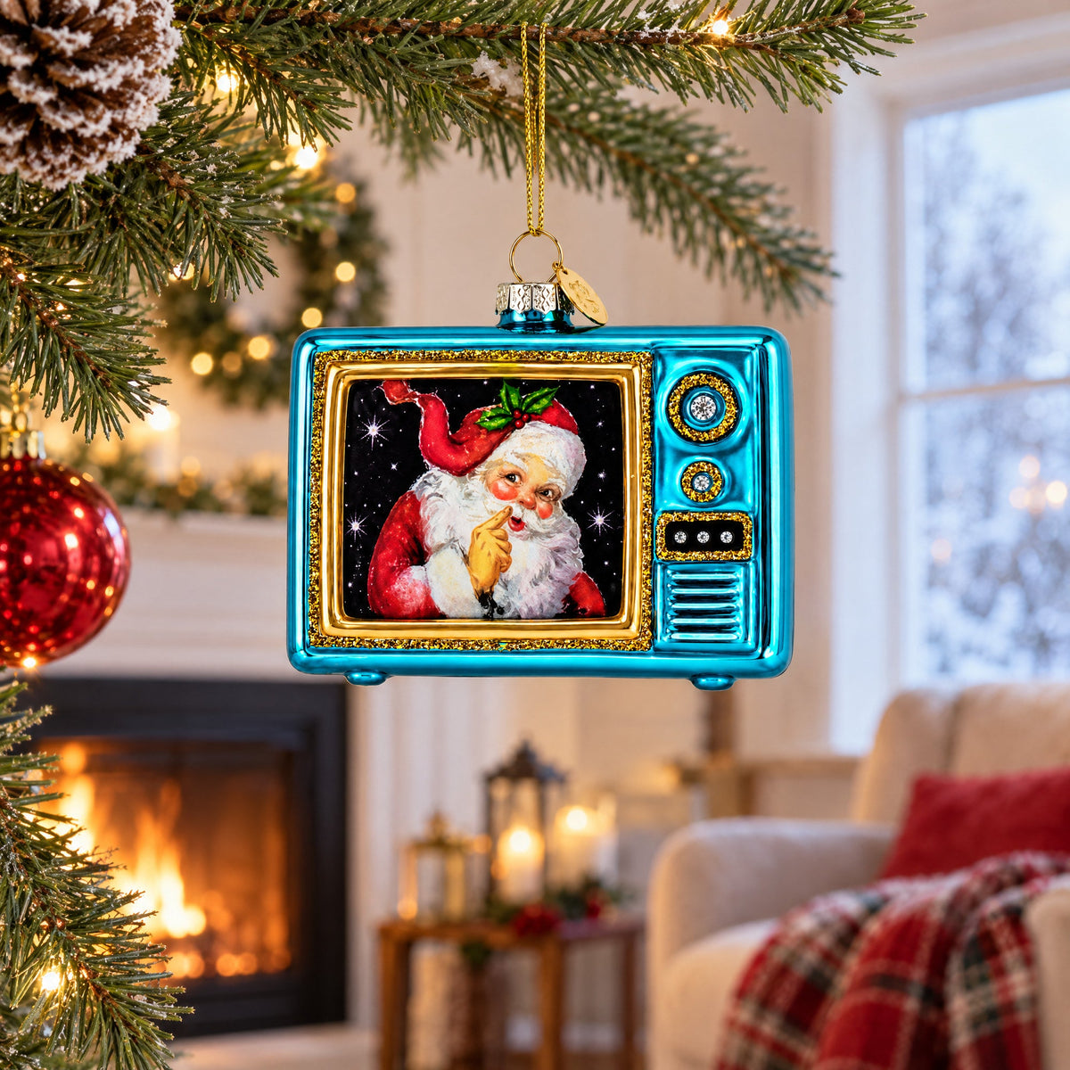 Vintage Television Santa Broadcast Glass Christmas Ornament