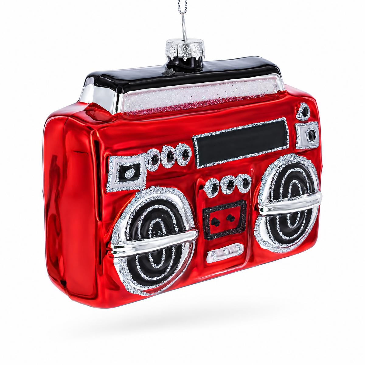 Retro Red Boombox Glass Christmas Ornament
