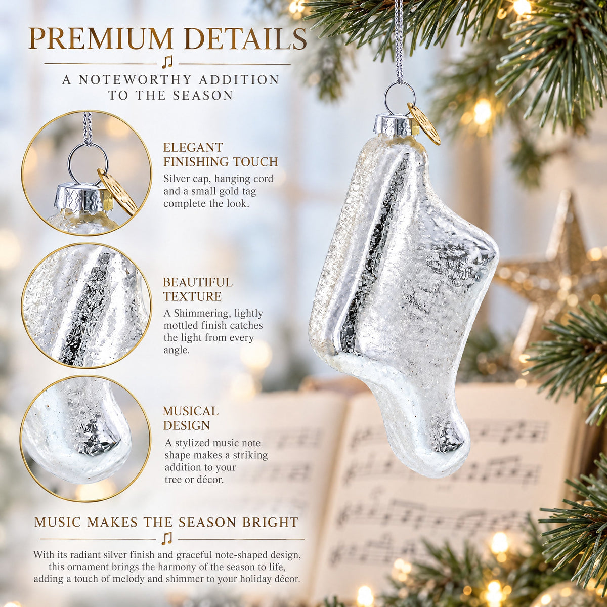 Silver Music Note Glass Christmas Ornament