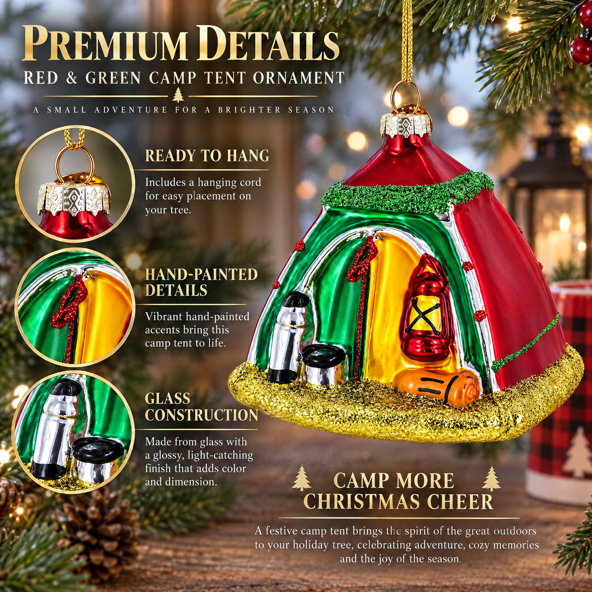 Red and Green Camp Tent Glass Christmas Ornament