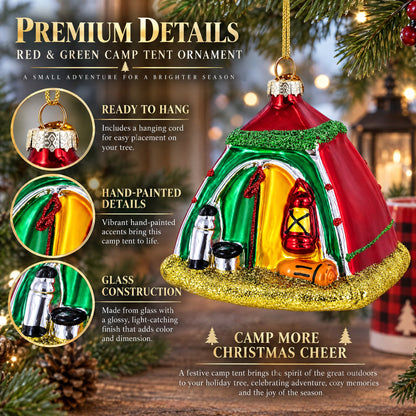 Red and Green Camp Tent Glass Christmas Ornament