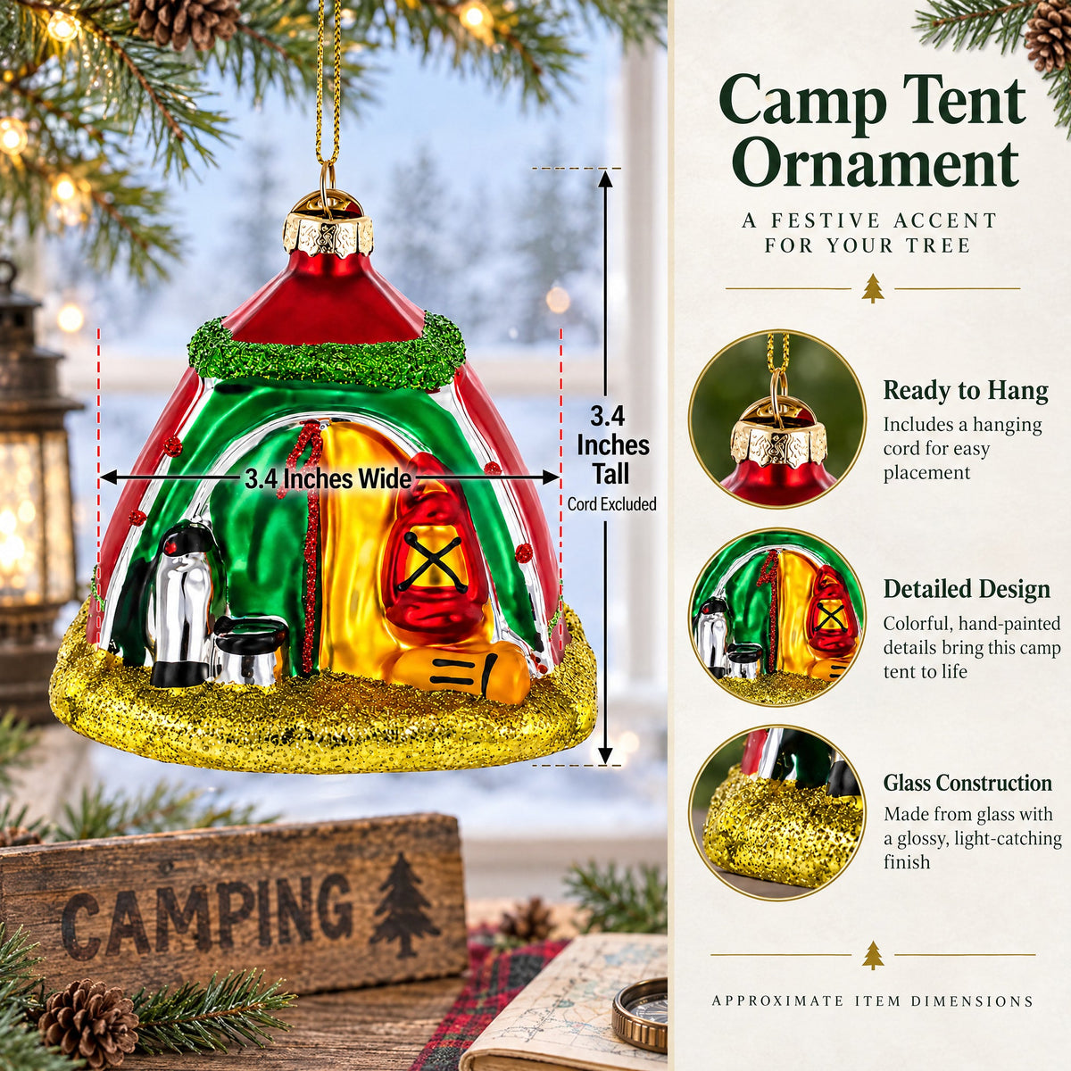 Red and Green Camp Tent Glass Christmas Ornament