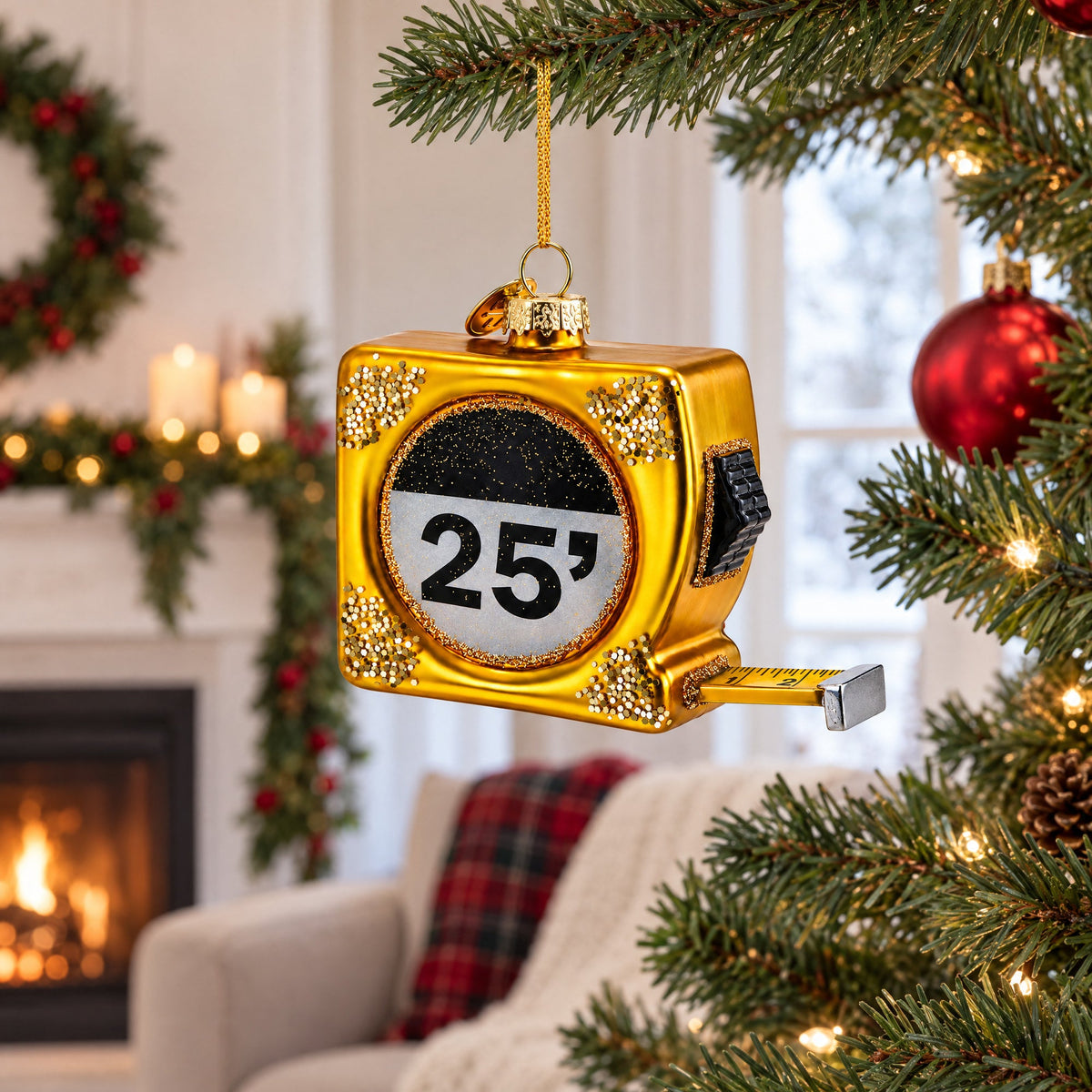 25-Foot Gold Tape Measure Glass Christmas Ornament