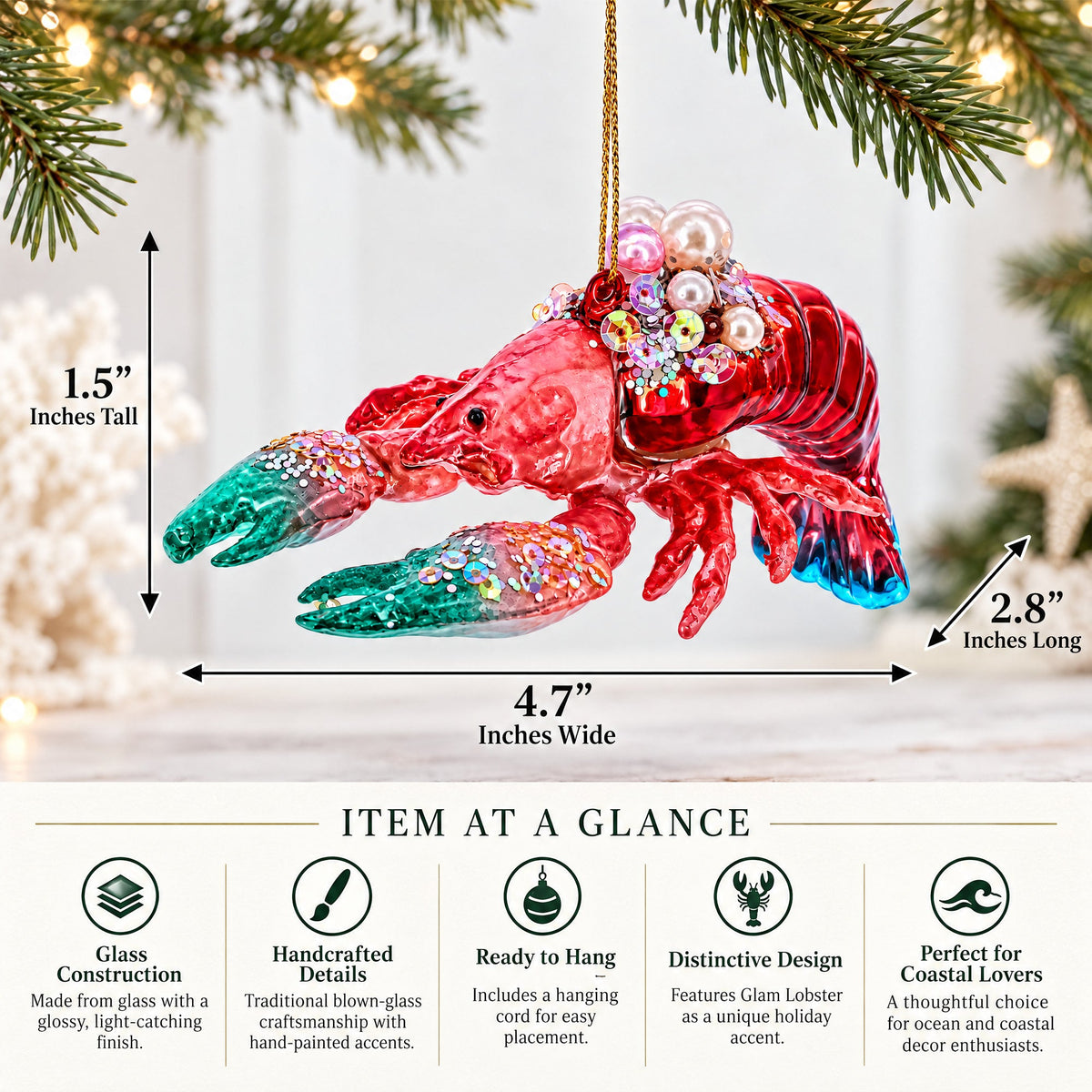 Glam Lobster Glass Christmas Ornament
