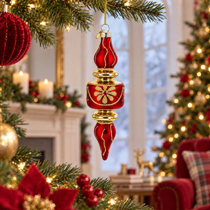 Red & Gold Finial Glass Christmas Ornament