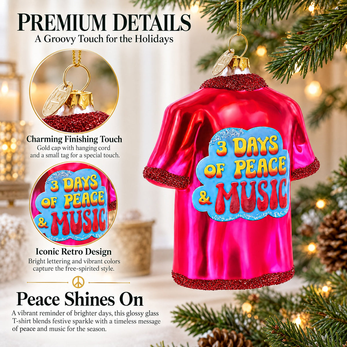 Hippie Peace & Love T-Shirt Glass Christmas Ornament