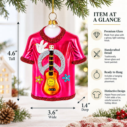 Hippie Peace & Love T-Shirt Glass Christmas Ornament