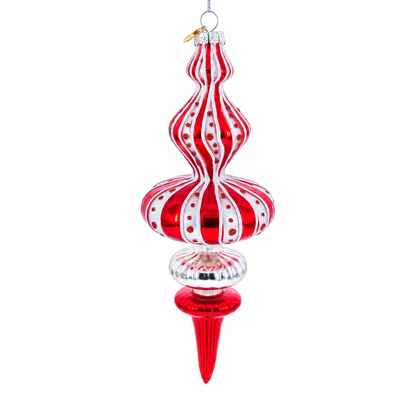 Red and White Striped Swirl Finial Glass Finial Christmas Ornament