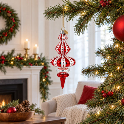 Red and White Striped Swirl Finial Glass Finial Christmas Ornament