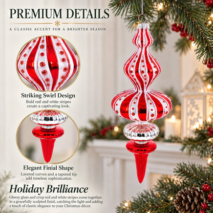 Red and White Striped Swirl Finial Glass Finial Christmas Ornament