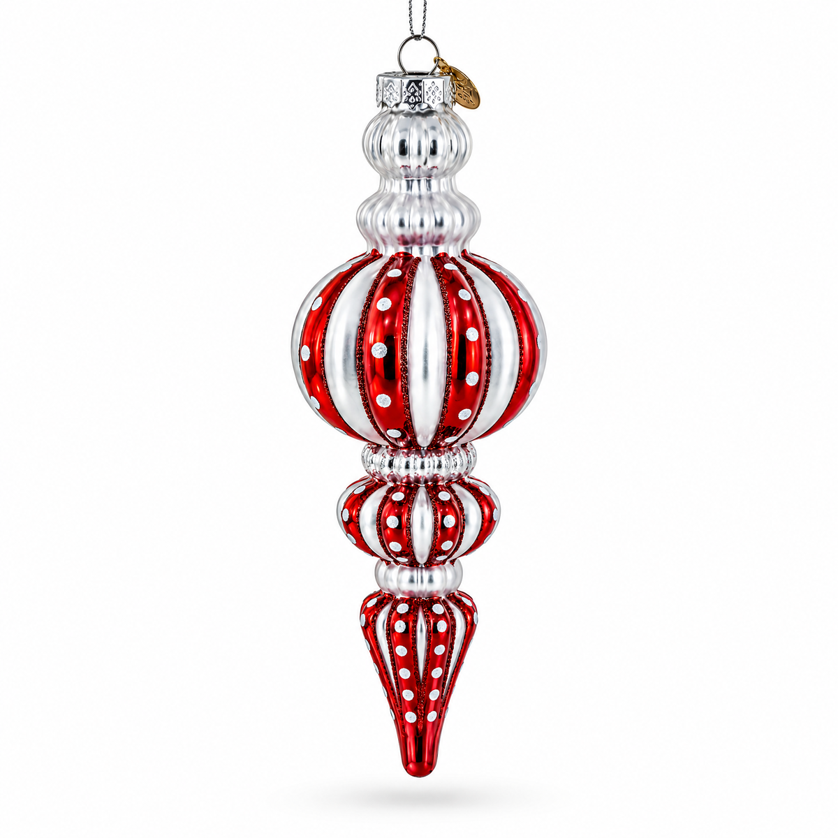 Red and Silver with Polka Dots Striped Glass Finial Christmas Ornament