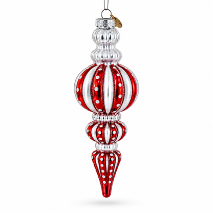 Red and Silver with Polka Dots Striped Glass Finial Christmas Ornament