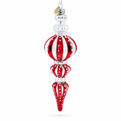 Red and Silver with Polka Dots Striped Glass Finial Christmas Ornament