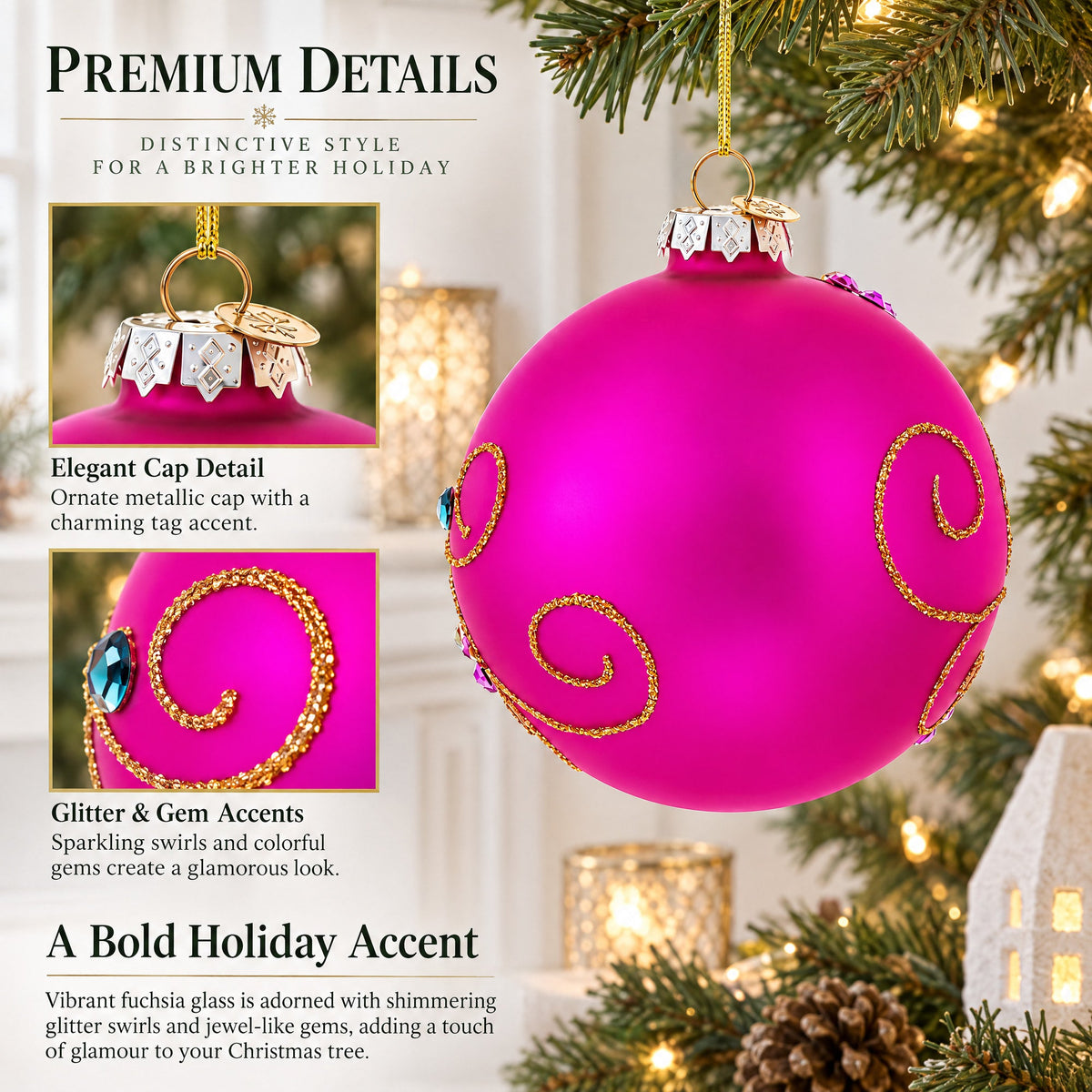 Bright Fuchsia with Glitter and Gems Glass Ball Christmas Ornament