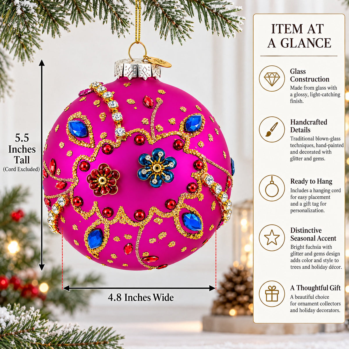 Bright Fuchsia with Glitter and Gems Glass Ball Christmas Ornament