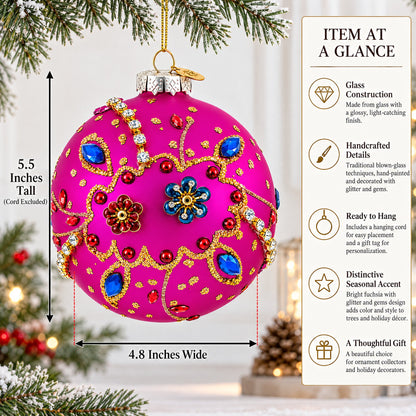 Bright Fuchsia with Glitter and Gems Glass Ball Christmas Ornament