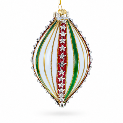 Striped White and Green Teardrop Finial Glass Christmas Ornament