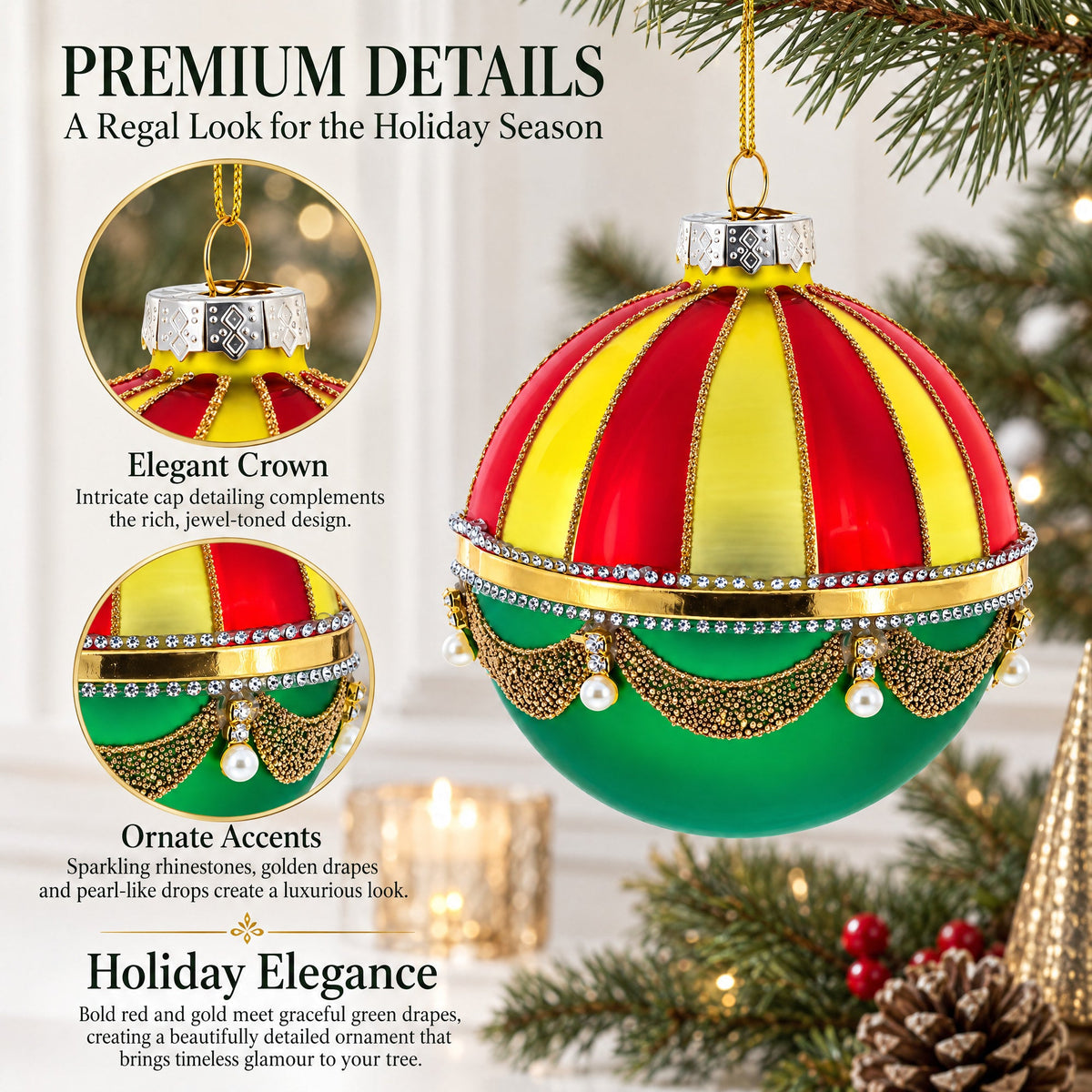 Red and Gold Dome with Green Drapes Glass Ball Christmas Ornament