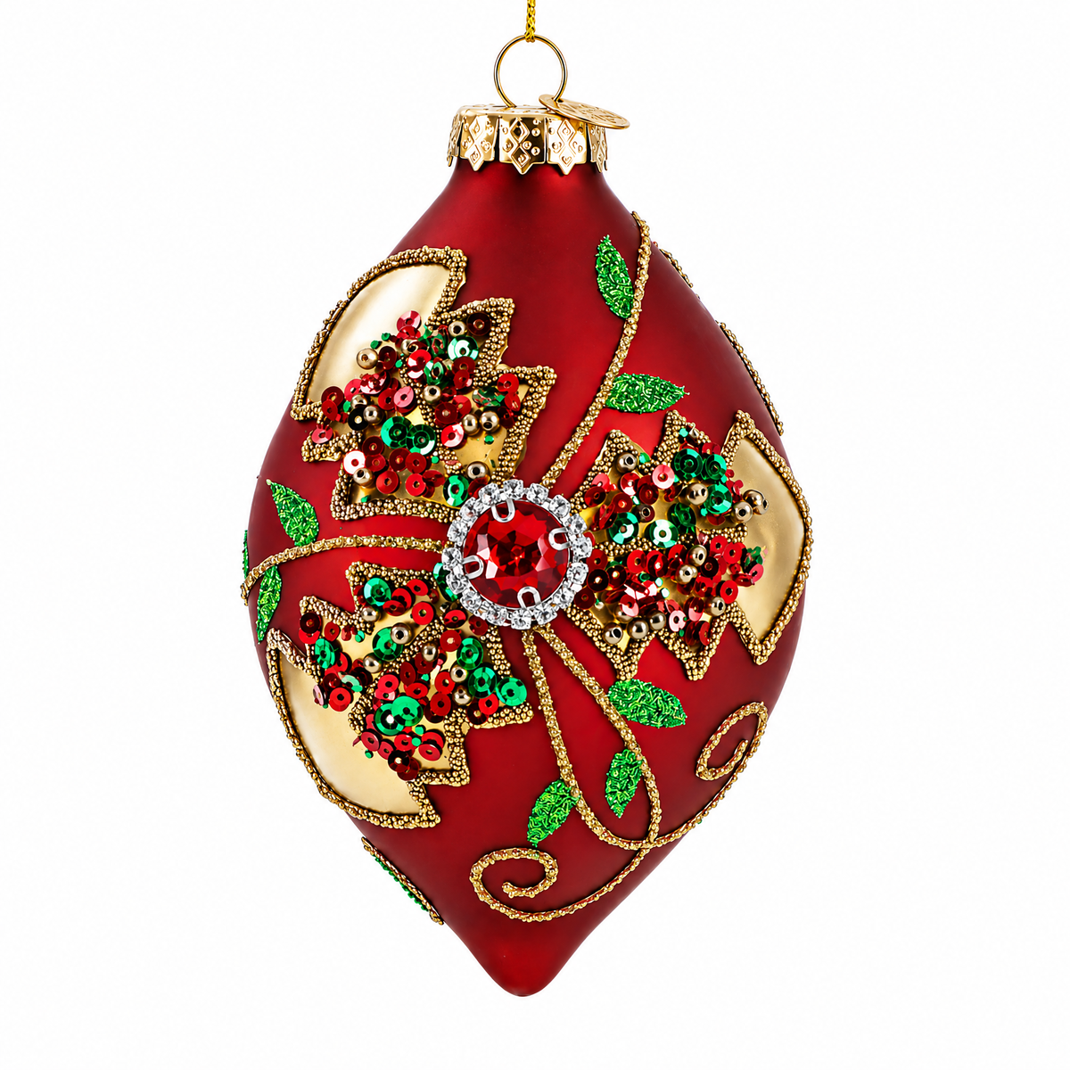 Red Teardrop with Jewel Center and Glitter Flowers Glass Christmas Ornament