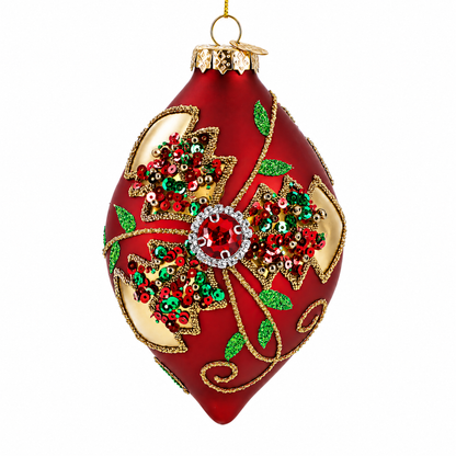 Red Teardrop with Jewel Center and Glitter Flowers Glass Christmas Ornament