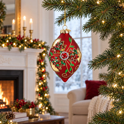 Red Teardrop with Jewel Center and Glitter Flowers Glass Christmas Ornament
