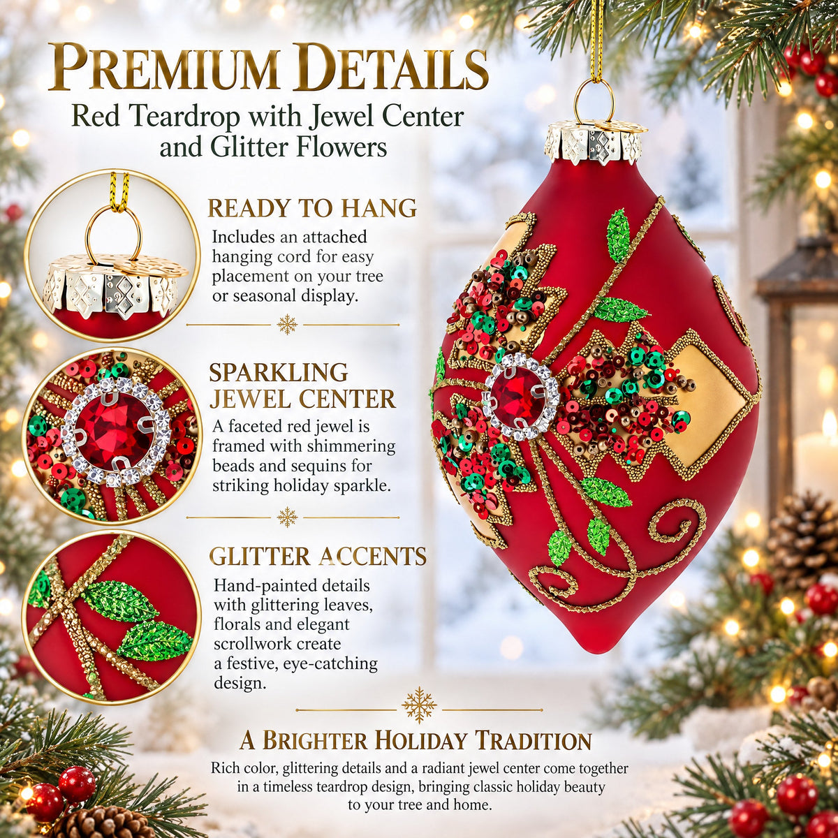 Red Teardrop with Jewel Center and Glitter Flowers Glass Christmas Ornament
