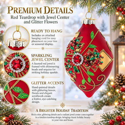 Red Teardrop with Jewel Center and Glitter Flowers Glass Christmas Ornament