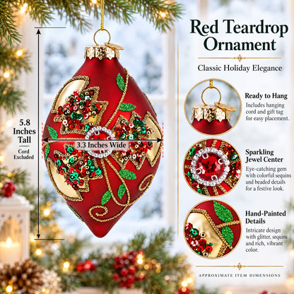 Red Teardrop with Jewel Center and Glitter Flowers Glass Christmas Ornament