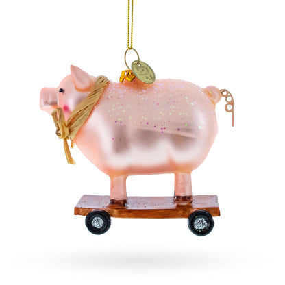 Pig Riding a Skateboard Glass Christmas Ornament