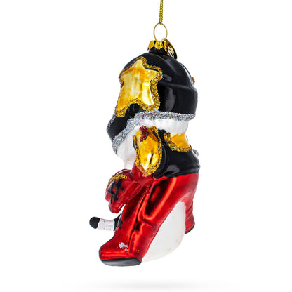 Santa in Ice Hockey Gear Glass Christmas Ornament