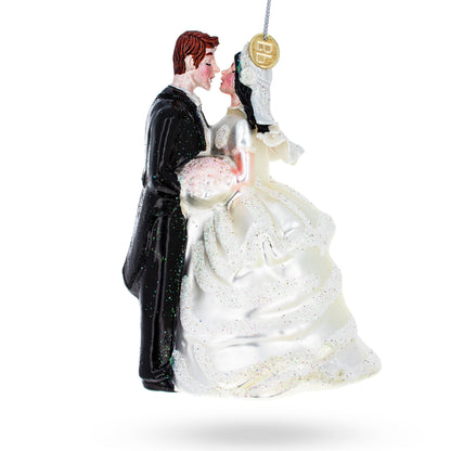 Bride and Groom Wedding Kiss Glass Christmas Ornament