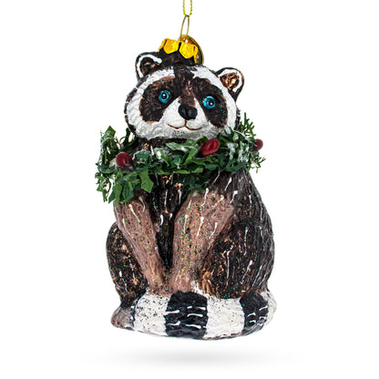 Racoon with Wreath Glass Christmas Ornament