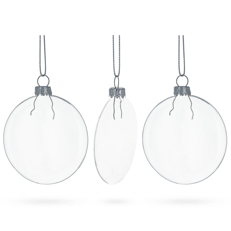 Set of 3 Flat Disc Clear Mini Glass Christmas Ornaments 2.85 Inches