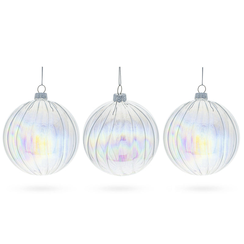 Set of 3 Iridescent Clear Glass Ball Christmas Ornaments 3.6 Inches