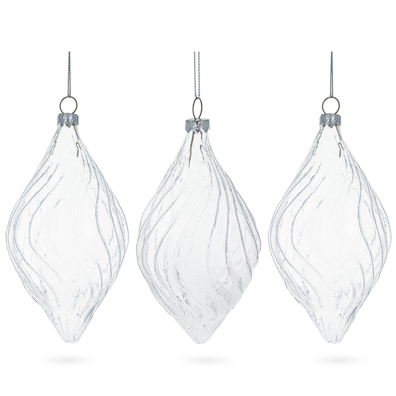 Set of 3 Clear Glass Swirl Christmas Ornaments 5.8 Inches