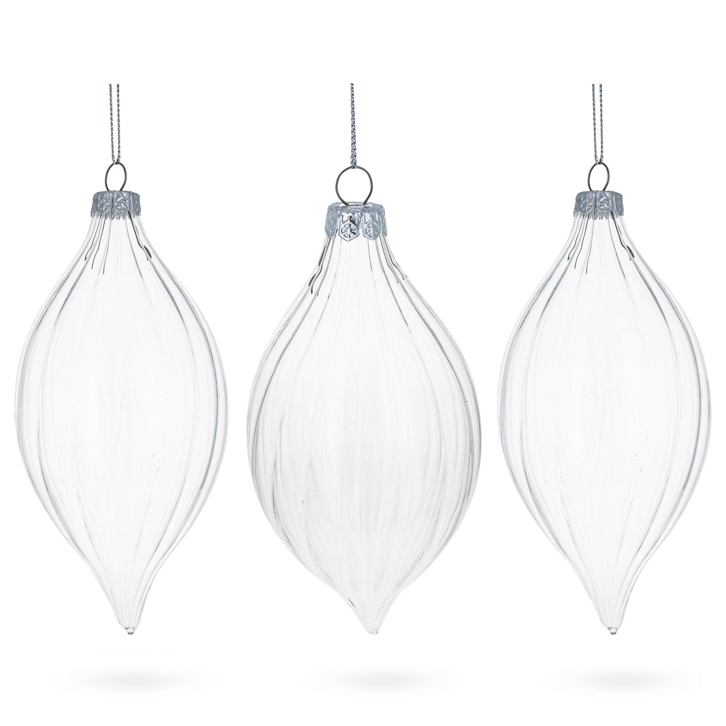 Set of 3 Striped Rhombus Finial Clear Glass Ornament 5.8 Inches