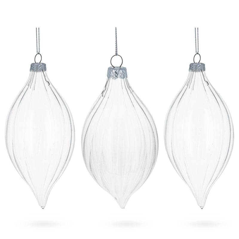Set of 3 Striped Rhombus Finial Clear Glass Ornament 5.8 Inches