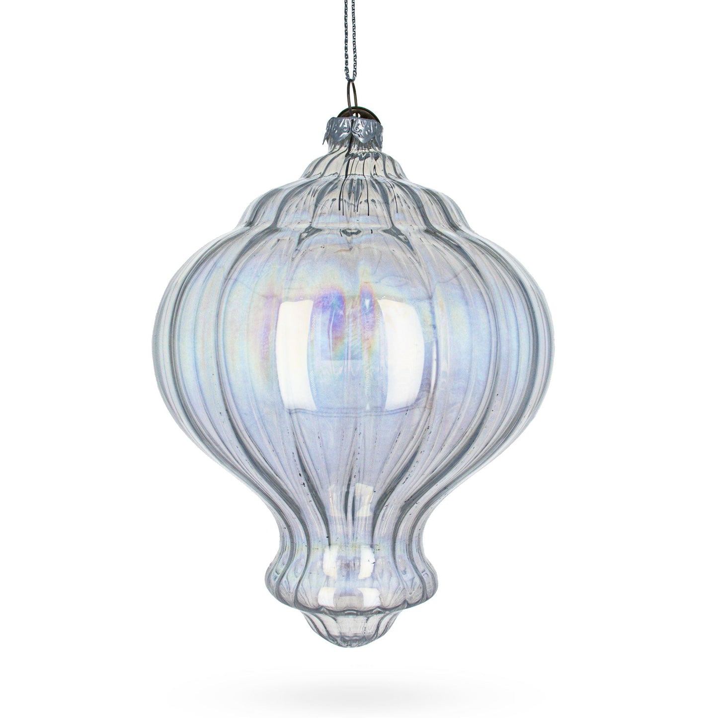 Lantern Shape Finial Clear Iridescent Glass Christmas Ornament 5.3 Inches