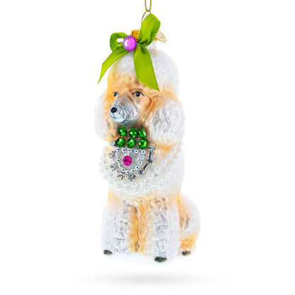 Poodle with Green Bow Glass Christmas Ornament