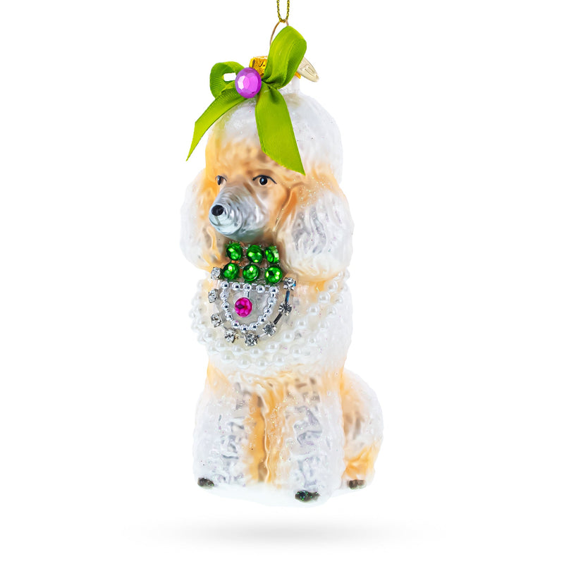 Poodle with Green Bow Glass Christmas Ornament
