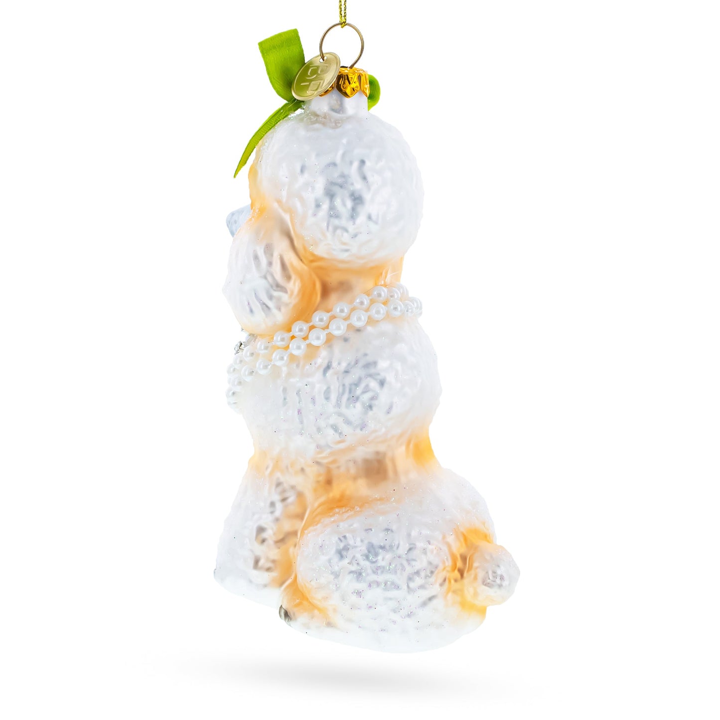 Poodle with Green Bow Glass Christmas Ornament