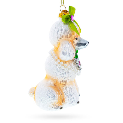Poodle with Green Bow Glass Christmas Ornament