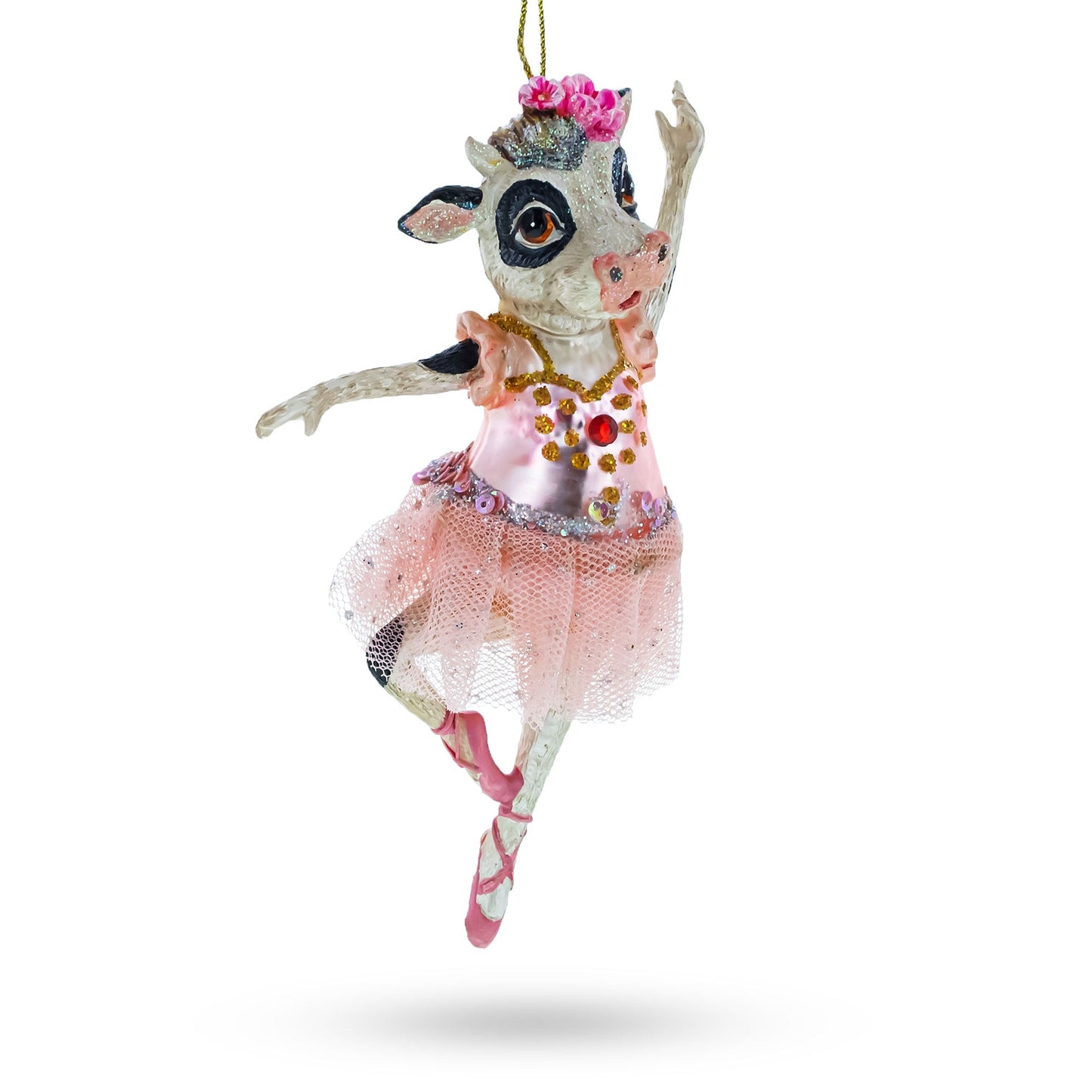 Ballerina Cow in Tutu Dancing Glass Christmas Ornament